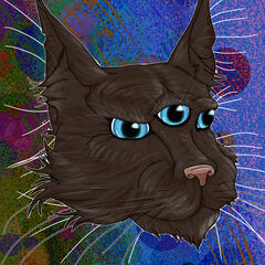 a drawing of the face of a three-eyed cat floating over a multi-coloured background